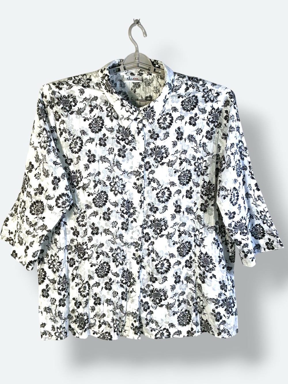 D&Co Button Up Blouse Crinkle Cotton Blend 3/4 Sleeve White Black Women Plus 3X